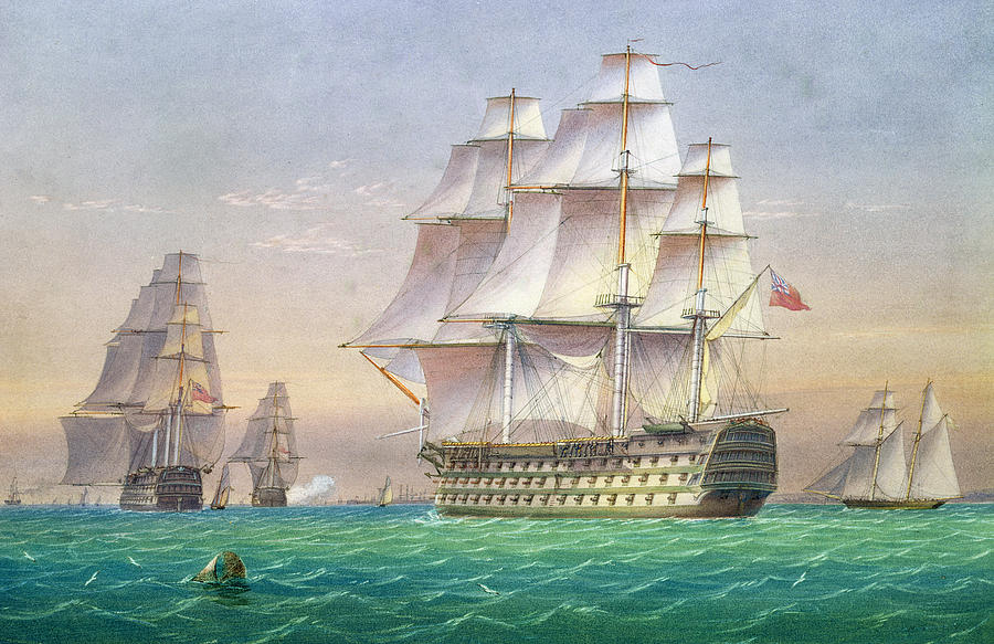 Boat Painting - Three first rate ships of the line entering Portsmouth harbor by William and John Joy
