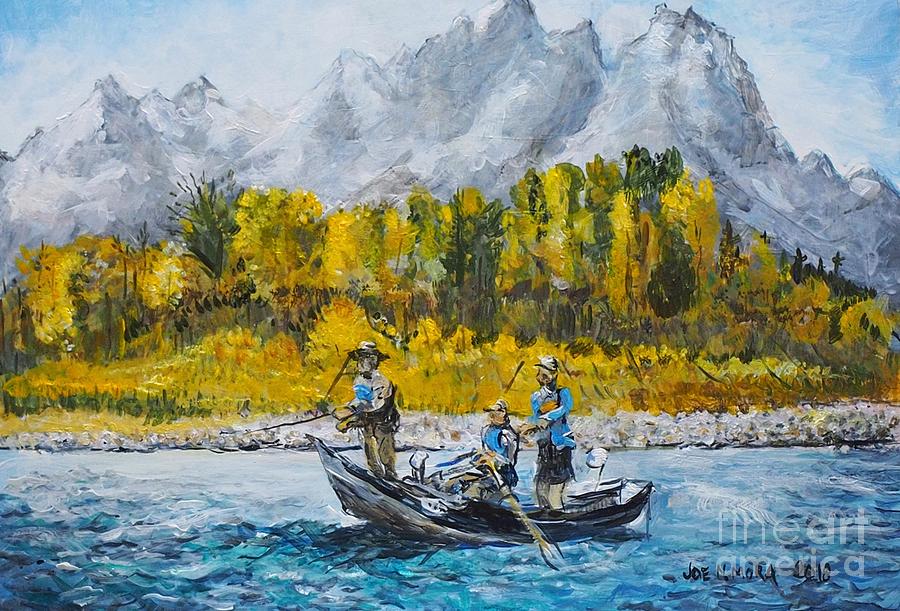 Three fishing in a boat. Painting by Joseph Mora