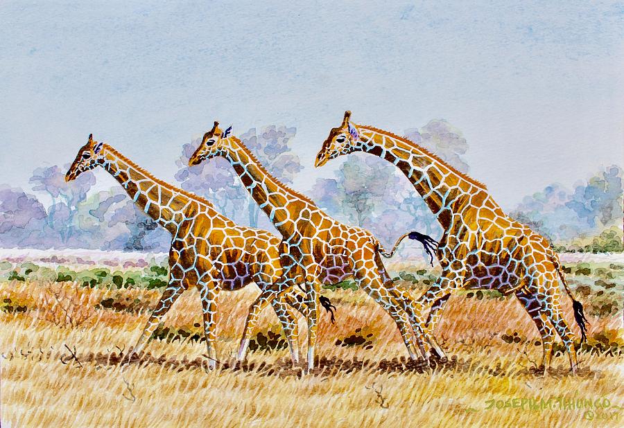Three Giraffes Painting by Joseph Thiongo