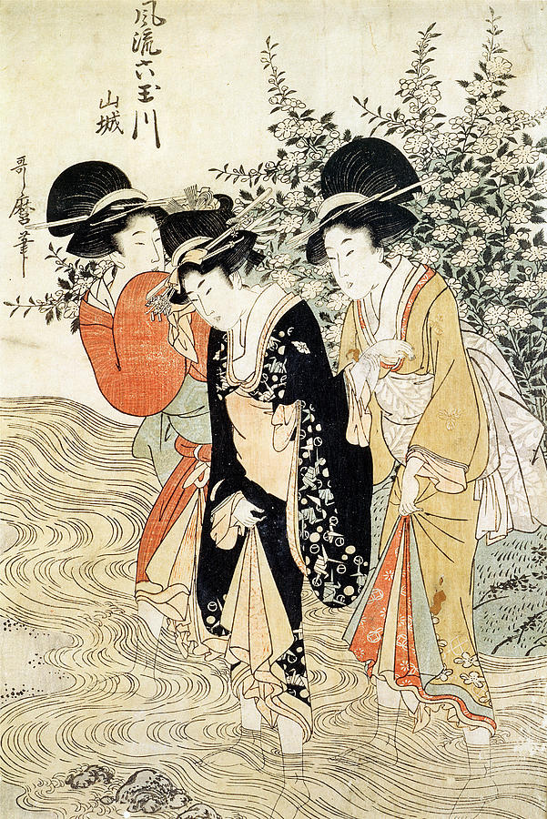 Flower Painting - Three girls paddling in a river by Kitagawa Utamaro