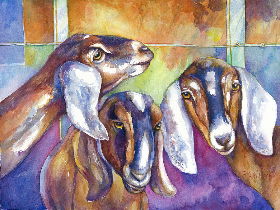 Three Goats Painting by Peggy Wilson