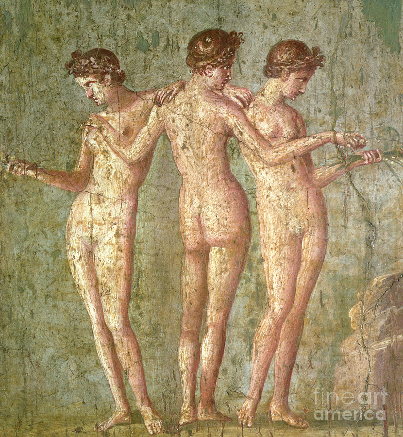 Three Graces, from Pompeii, fresco, Roman, 1st century AD Painting by Roman School
