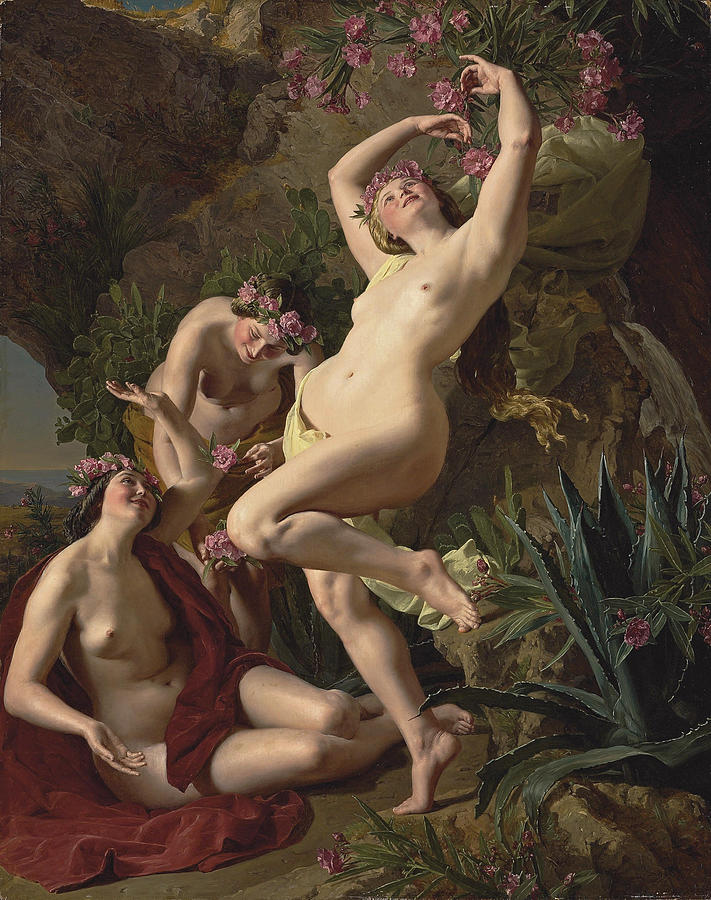 Three graces garlanded with roses Painting by Ferdinand Georg Waldmueller