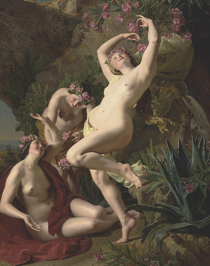 Three Graces Garlanded with Roses Painting by Ferdinand Georg Waldmuller