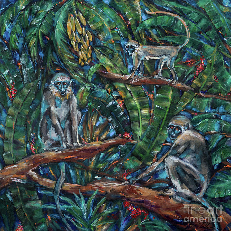 Three Green Monkeys Painting by Linda Olsen