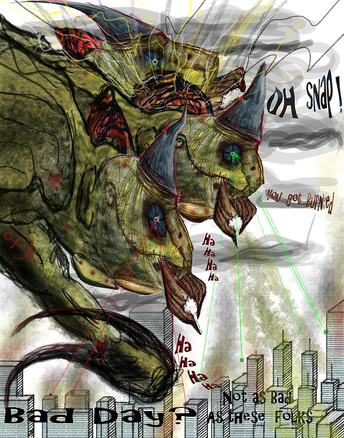 City Digital Art - Three Headed Bird Cyborg Monster Attacking a City with Fire and Lasers for T-shirts by Don Lee