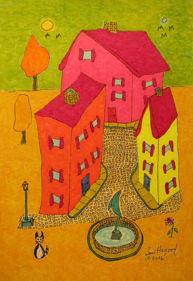 Three Homes With Sculpture Fountain Painting by Lew Hagood