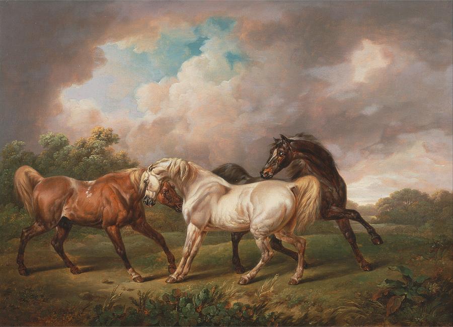 Three Horses in a Stormy Landscape by Charles Towne, 1836. Painting by Celestial Images