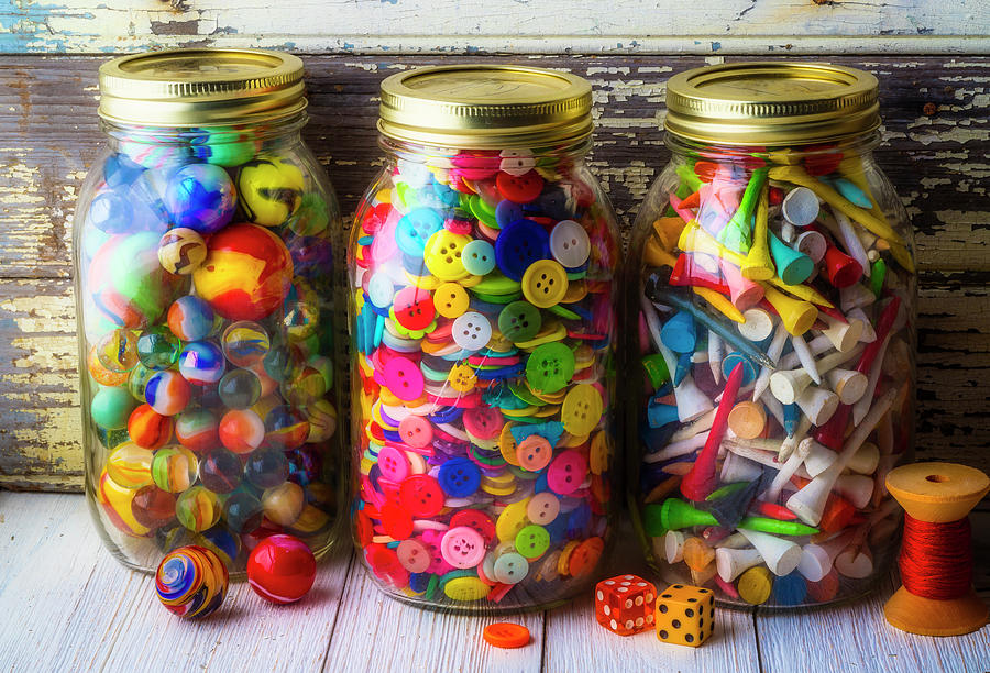 Toy Photograph - Three Jars Of Marbles Buttons AndTees by Garry Gay