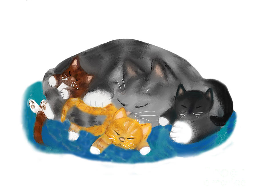 Three Kittens on Momma have a Cat Nap Digital Art by Ellen Miffitt