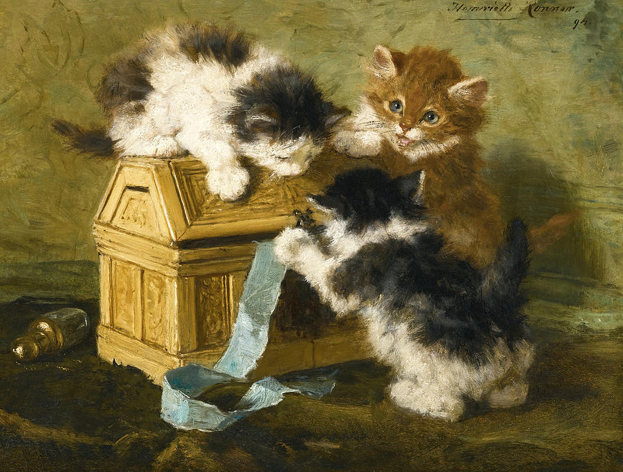 Three Kittens with a Casket and Blue Ribbon Painting by Henriette Ronner-Knip