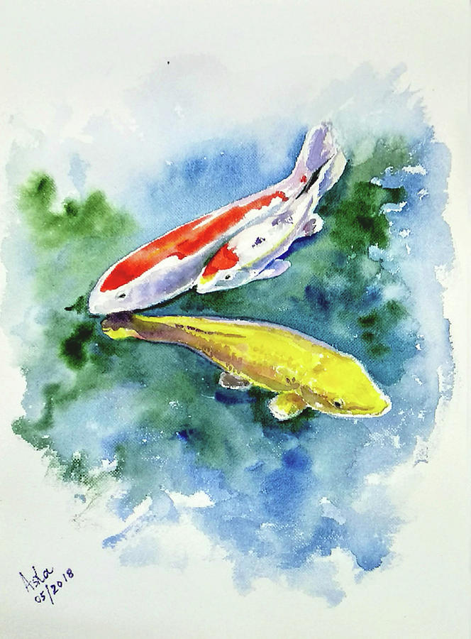 Three Koi fish Painting by Asha Sudhaker Shenoy