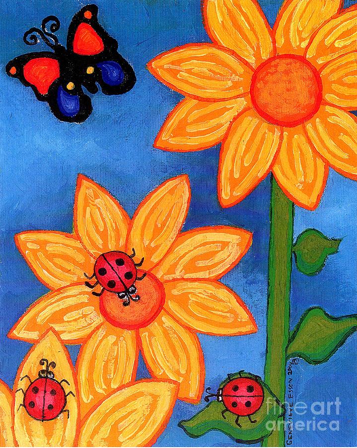 Three Ladybugs and Butterfly Painting by Genevieve Esson