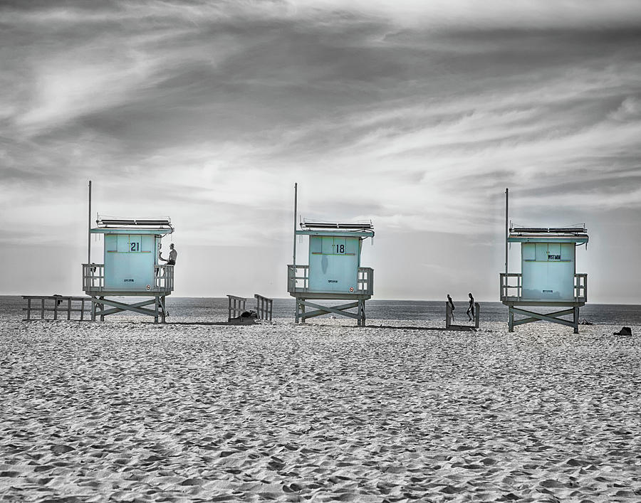 Black And White Photograph - Three Lifeguards BW Color by Rosanne Nitti
