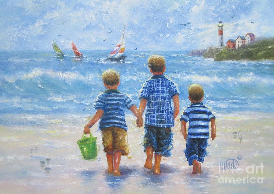 Three Little Beach Boys Walking Painting by Vickie Wade