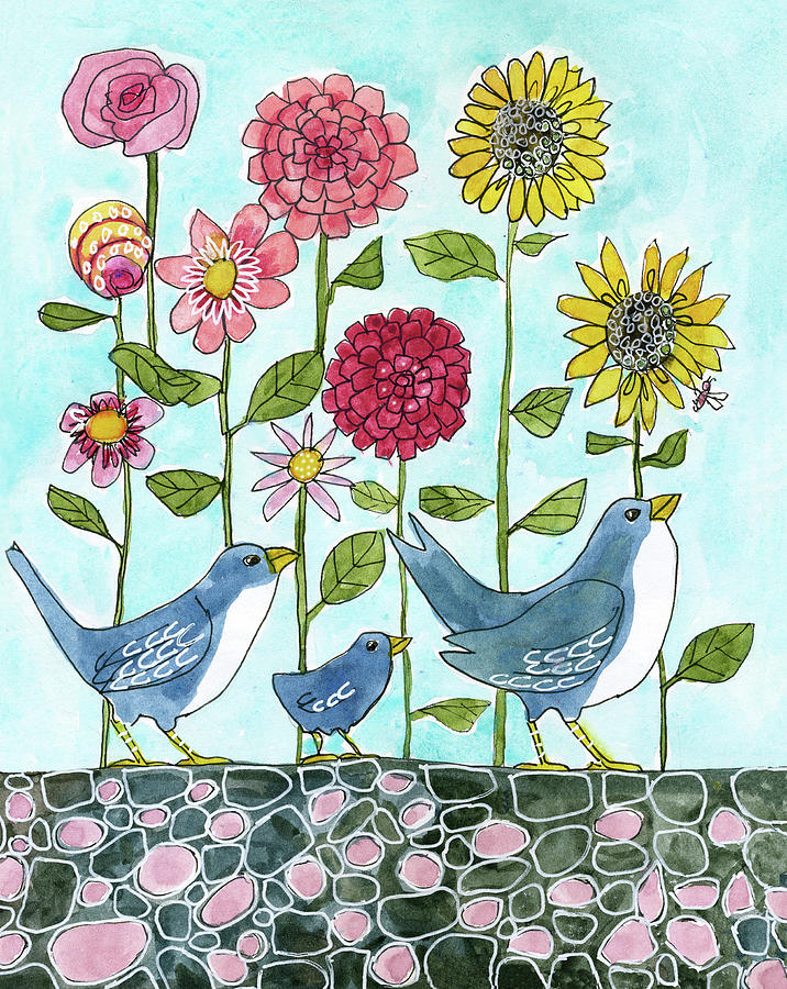 Flowers Three Little Birds Painting by Blenda Studio