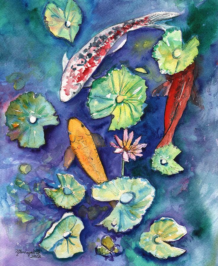 Three Lucky Koi Painting by Marionette Taboniar