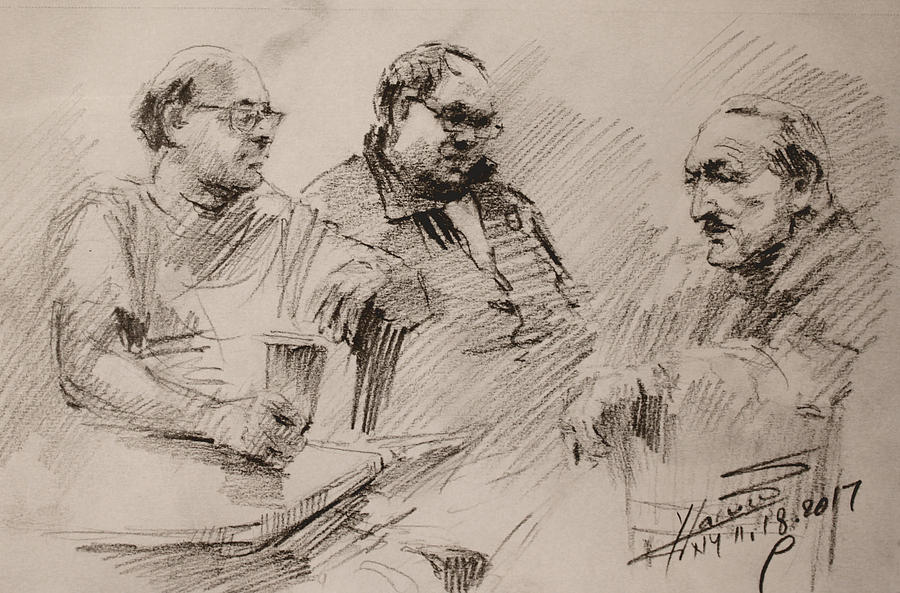 Portrait Drawing - Three Men Chatting by Ylli Haruni