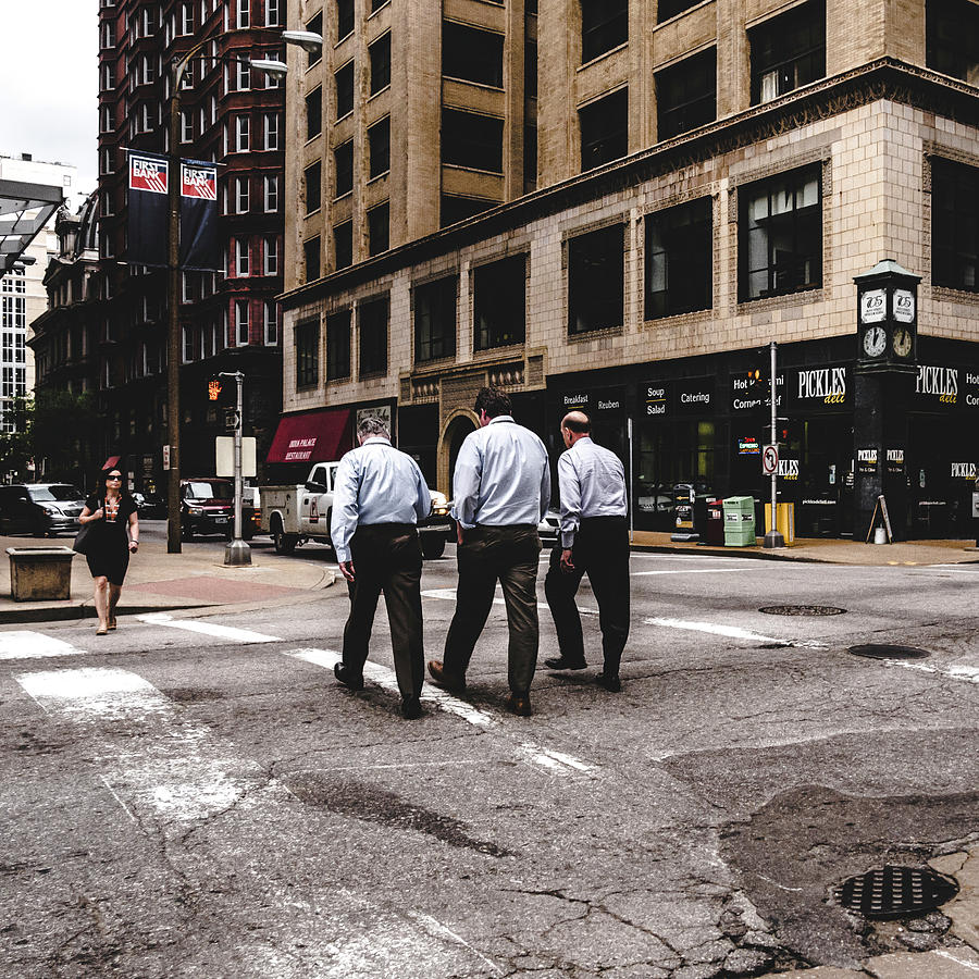 St. Louis Photograph - Three men crossing street. St. Louis street photography by Dylan Murphy