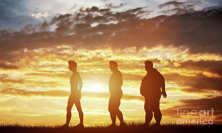 Three men silhouettes with different body types on a sunset sky Photograph by Michal Bednarek