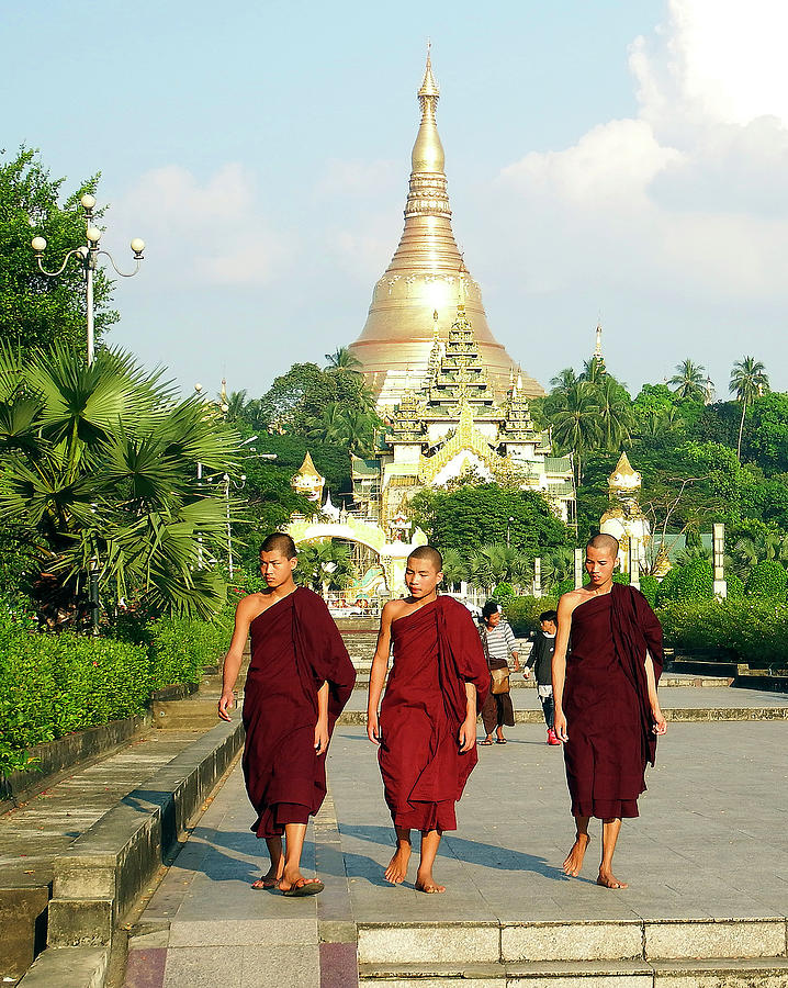 Three monks at Shwedagon Pagoda Photograph by Kurt Van Wagner