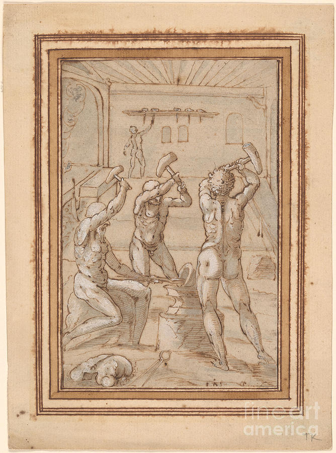 Three Nude Blacksmiths at an Anvil Painting by MotionAge Designs