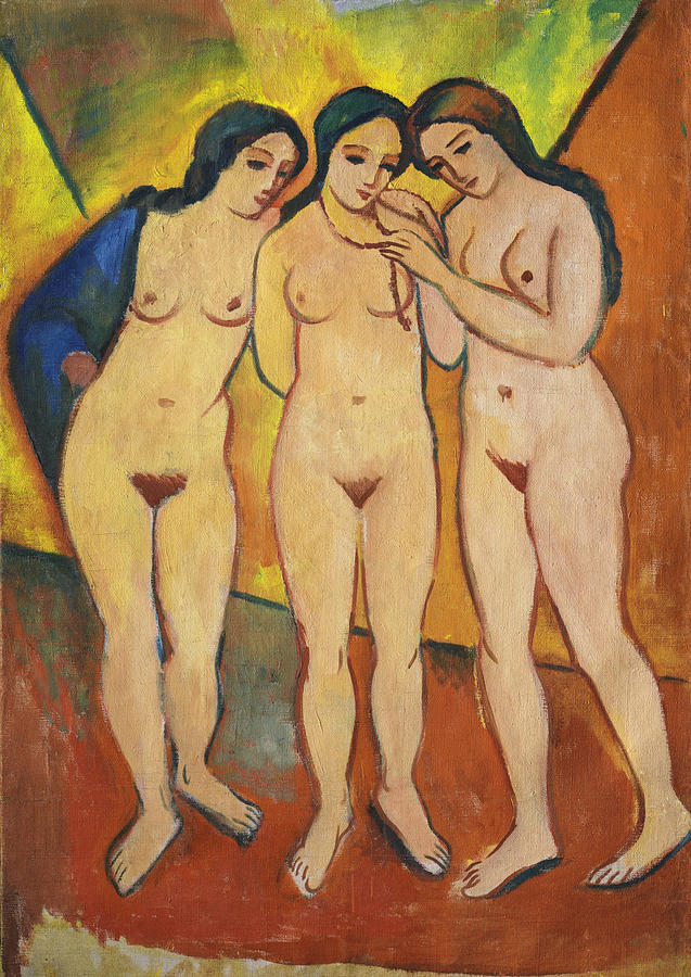 Three Nudes. Orange and Red Painting by August Macke