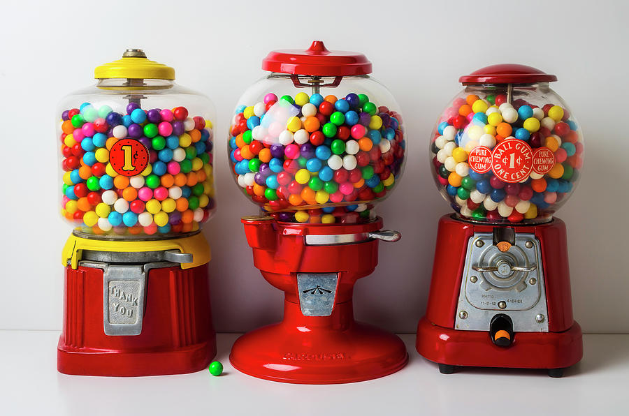 Candy Photograph - Three Old Bubblegum Machines by Garry Gay