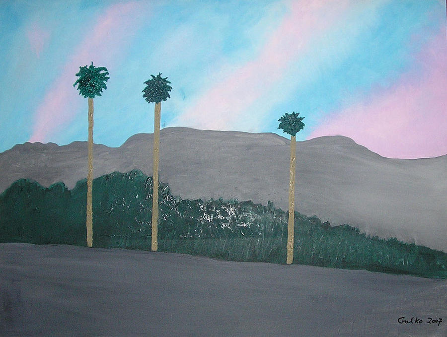 Desert Painting - Three palm trees in the desert by Harris Gulko Desert Painting - Three palm trees in the desert by Harris Gulko