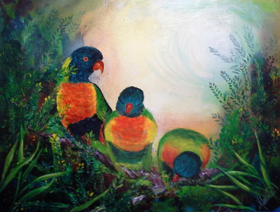 Three Parrots Painting by Almeta Lennon