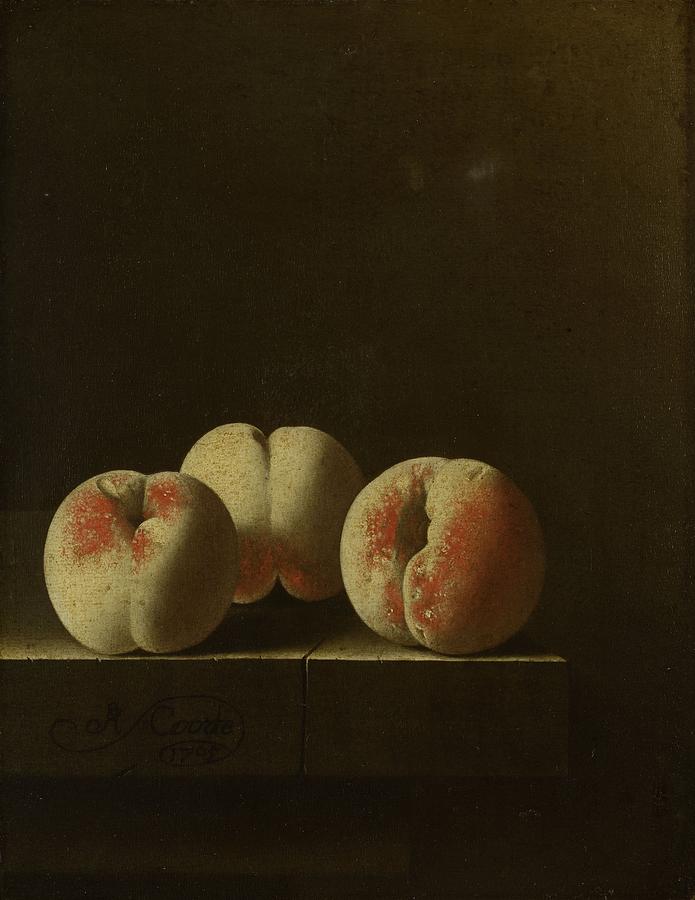 Still Life Painting - Three Peaches on a Stone Plinth by Vincent Monozlay