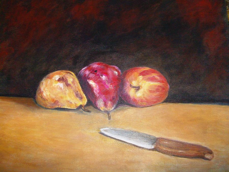 Pear Painting - Three Pears and a Knife by Joseph Baker