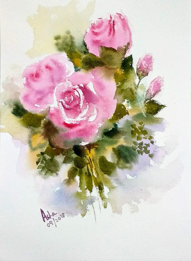 Three pink roses Painting by Asha Sudhaker Shenoy