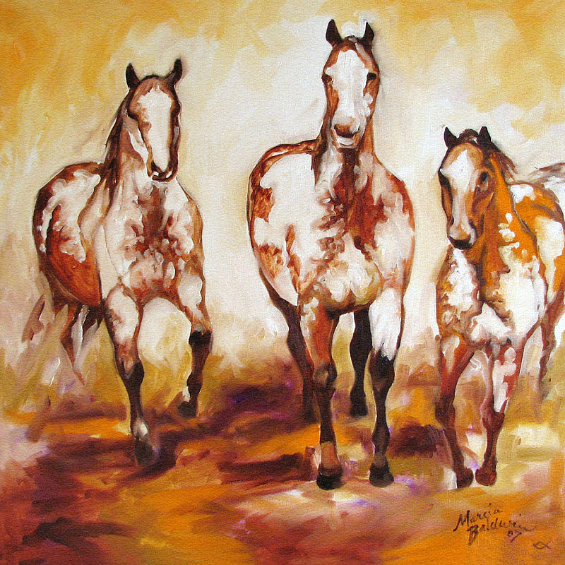 Horse Painting - Three Pinto Indian Ponies by Marcia Baldwin