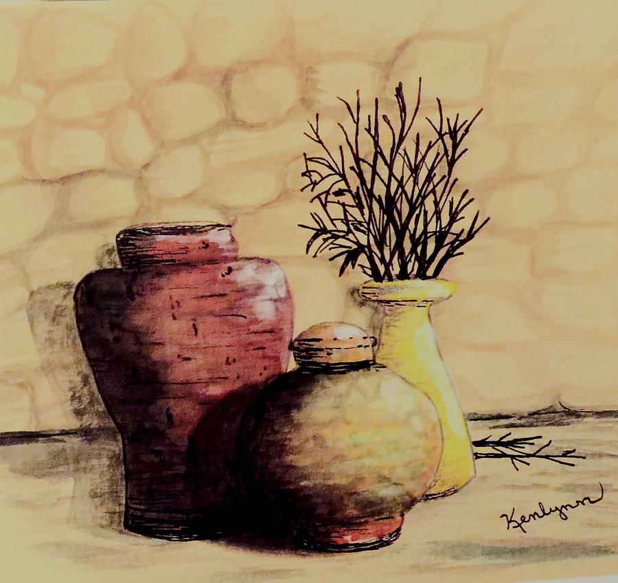 Three Pots and Twigs Painting by Kenlynn Schroeder