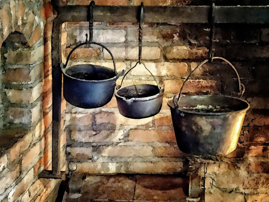 Three Pots in Colonial Kitchen Photograph by Susan Savad