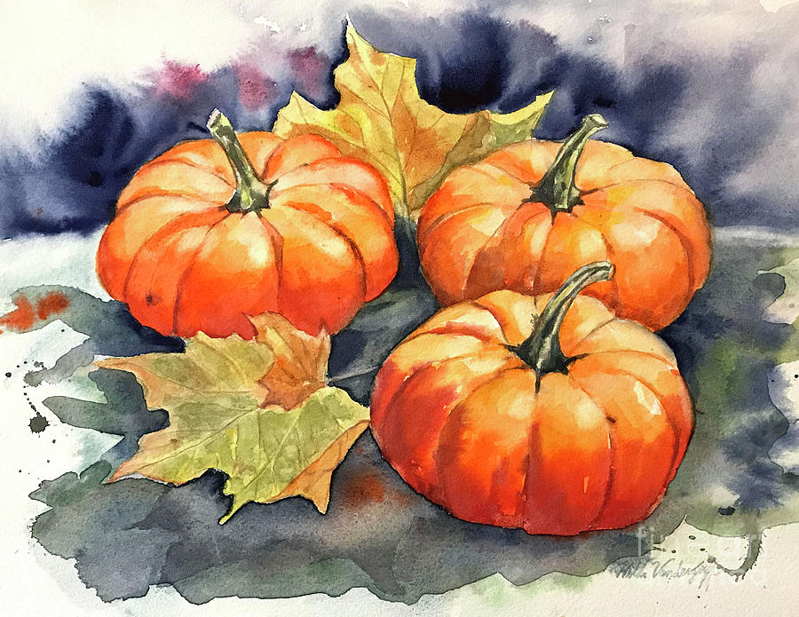 Three Pumpkins Painting by Hilda Vandergriff