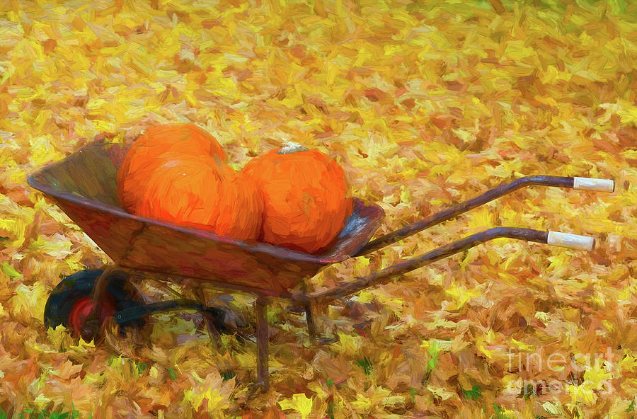 Three pumpkins in a wheelbarrow - painterly Photograph by Les Palenik