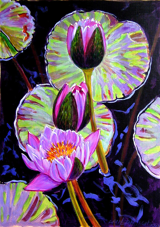 Three Purple Lilies Painting by John Lautermilch