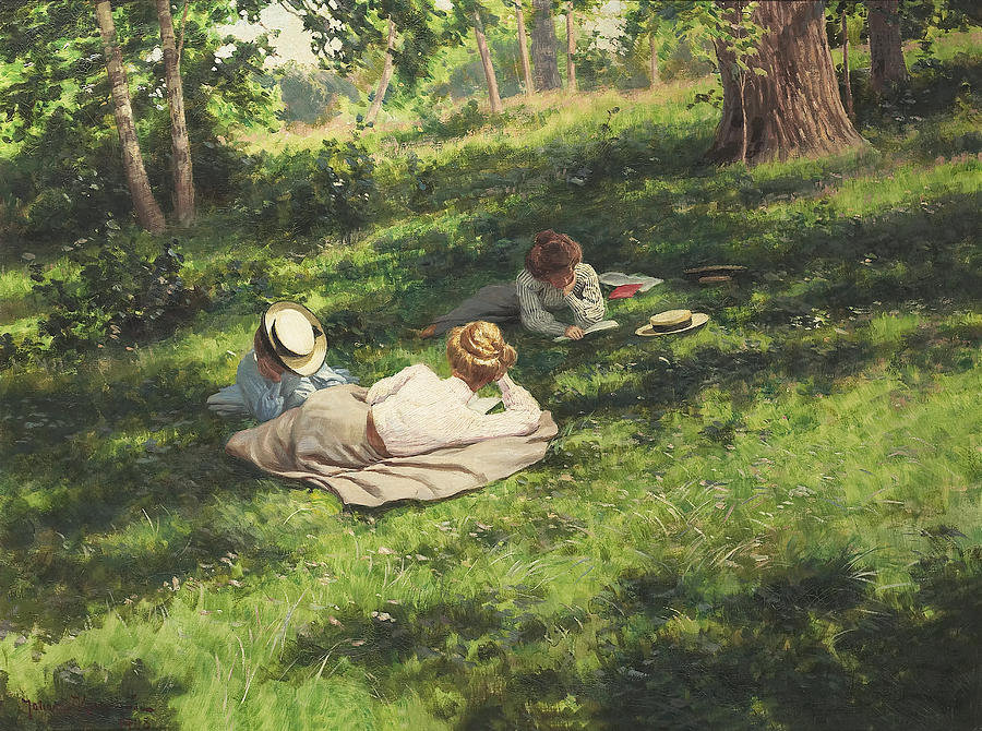 Three reading women in a summer landscape Painting by Johan Krouthen ...