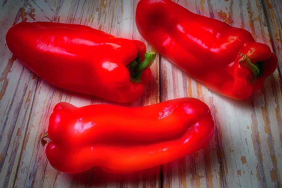 Still Life Photograph - Three Red Bell Peppers by Garry Gay