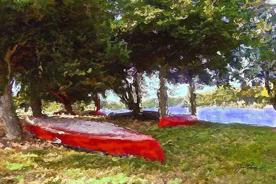 Three Red Canoes Painting by Joan Reese