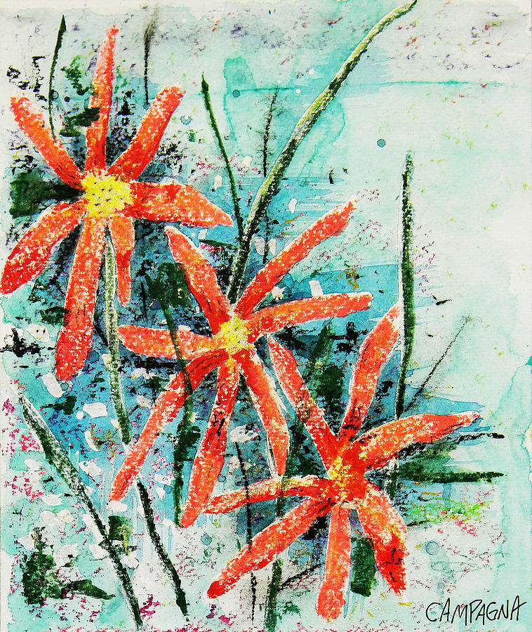 Three Red Flowers Painting by Teddy Campagna