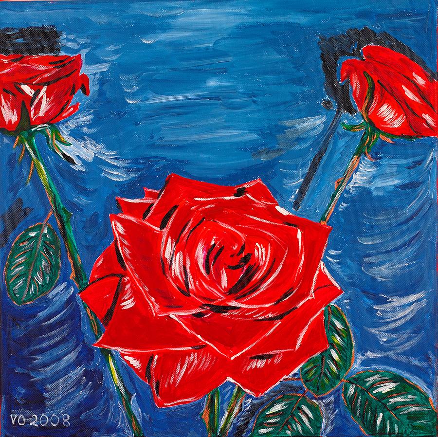 Three Red Roses Four Leaves Painting by Valerie Ornstein