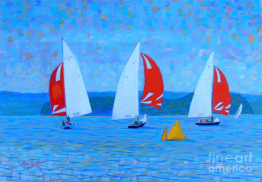 Three Red Sails  Pastel by Rae  Smith