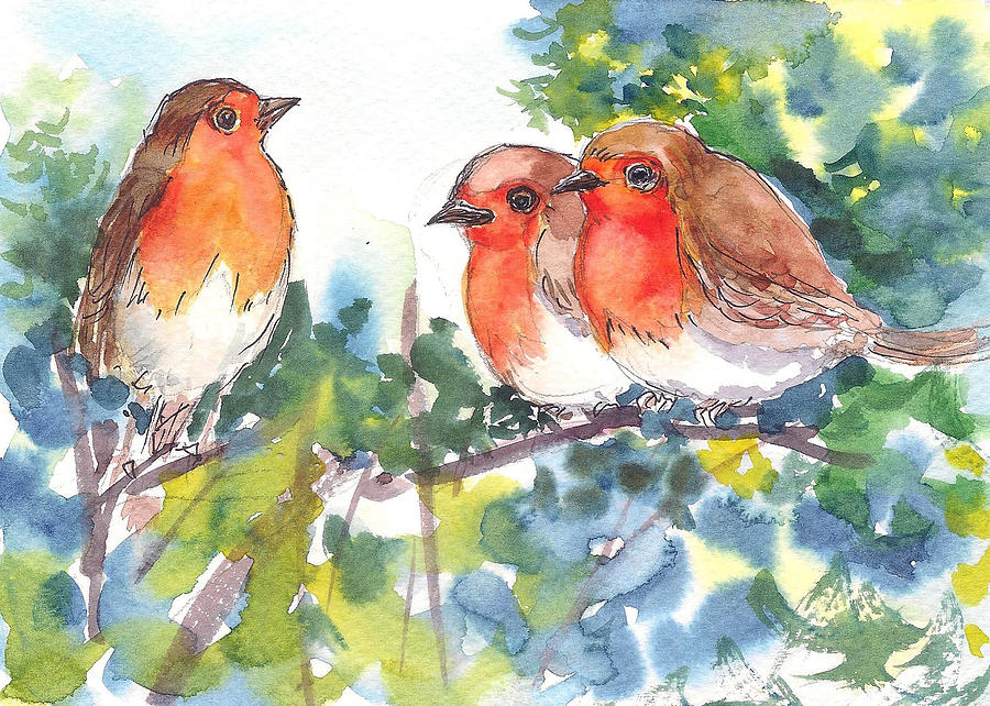 Three robins Painting by Asha Sudhaker Shenoy