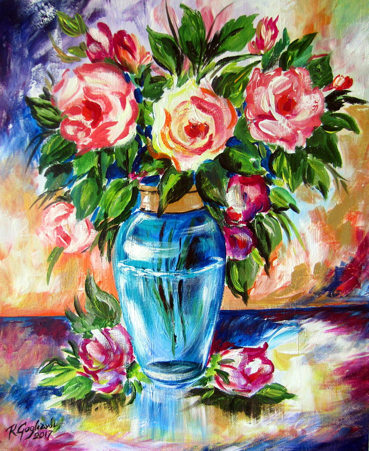 Three Roses in a Glass Vase Painting by Roberto Gagliardi