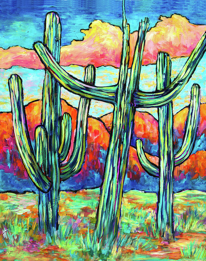 Three Saguaros Painting by Sally Quillin