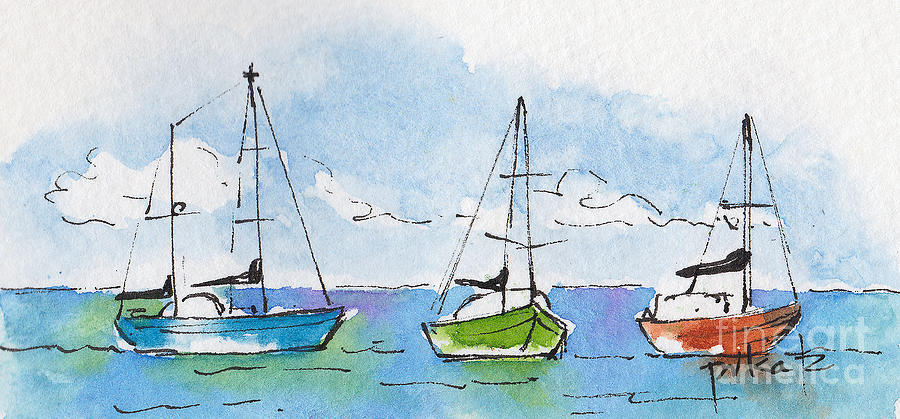 Three Sailboats Near Tahiti Painting by Pat Katz