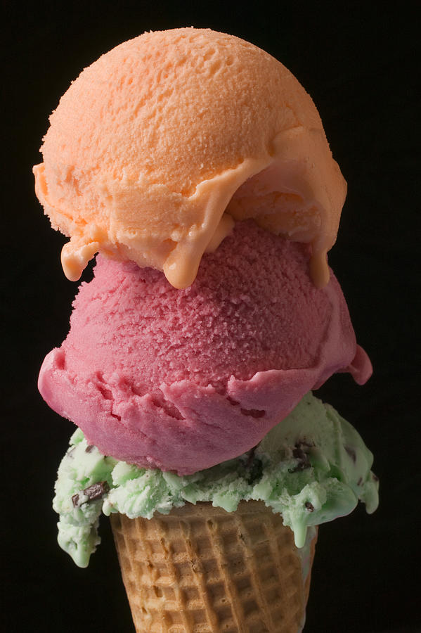 Ice Cream Photograph - Three scoops of ice cream  by Garry Gay